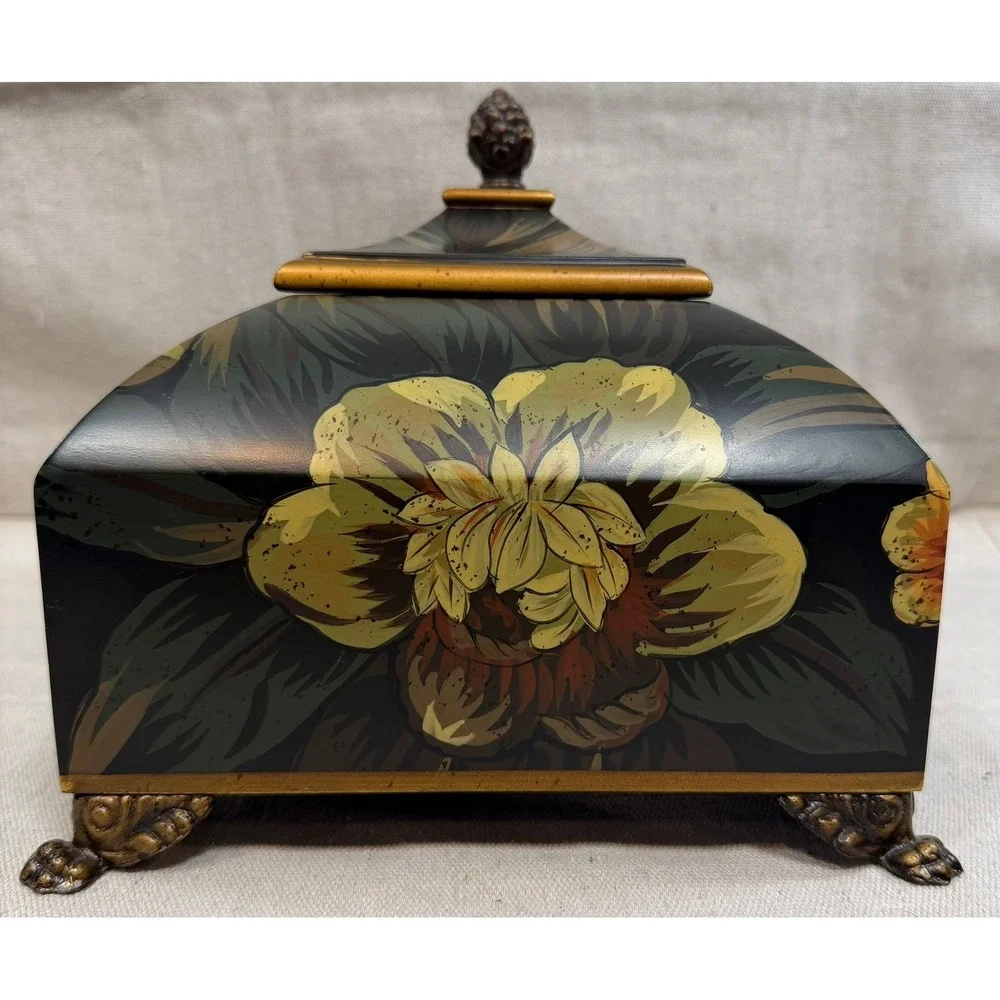 Vintage Floral Hand Painted Decorative Jewelry Box Lion Paw Feet Pinecone Finial